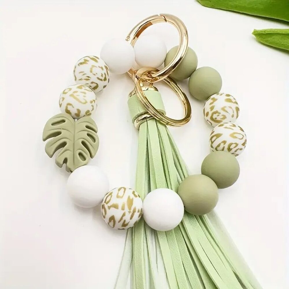 Pastel Green Silicone Bead Stretch Bracelet Keychain with Tassel